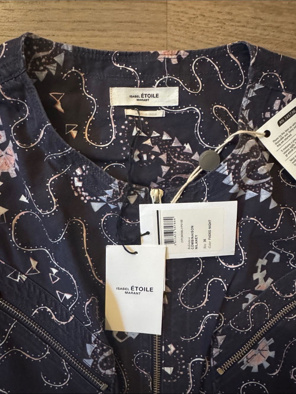 Womens Navy Printed Long-Sleeve Zip-Front Jumpsuit - Picture 2 of 2